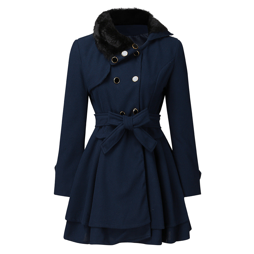 Morvena | Women's Double-Breasted Long Overcoat with Turn-Down Collar Belted Winter Coat