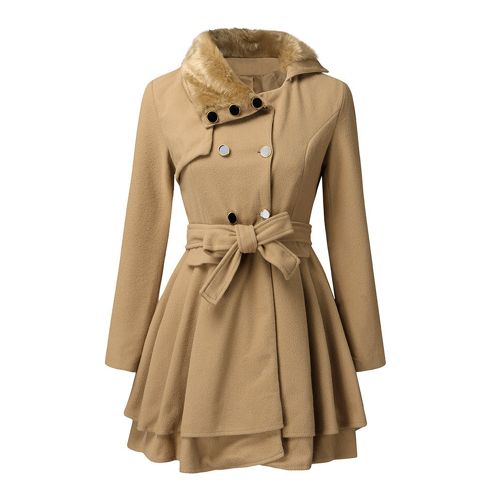Morvena | Women's Double-Breasted Long Overcoat with Turn-Down Collar Belted Winter Coat