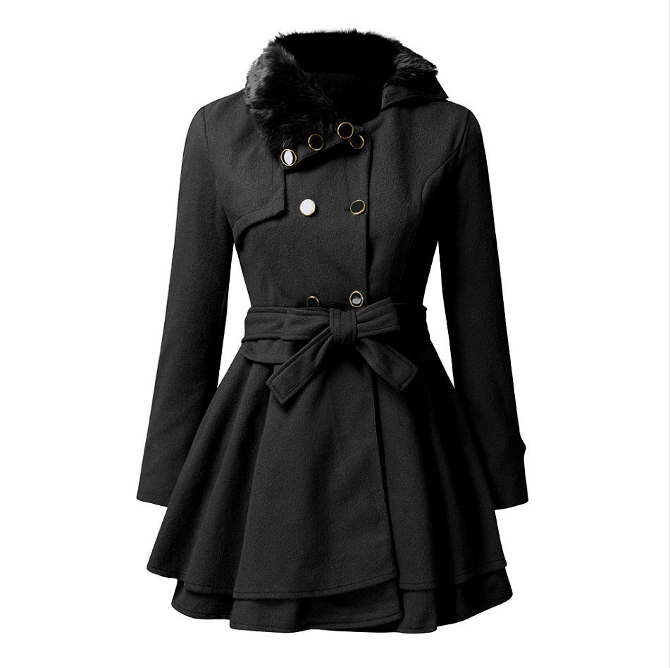 Morvena | Women's Double-Breasted Long Overcoat with Turn-Down Collar Belted Winter Coat