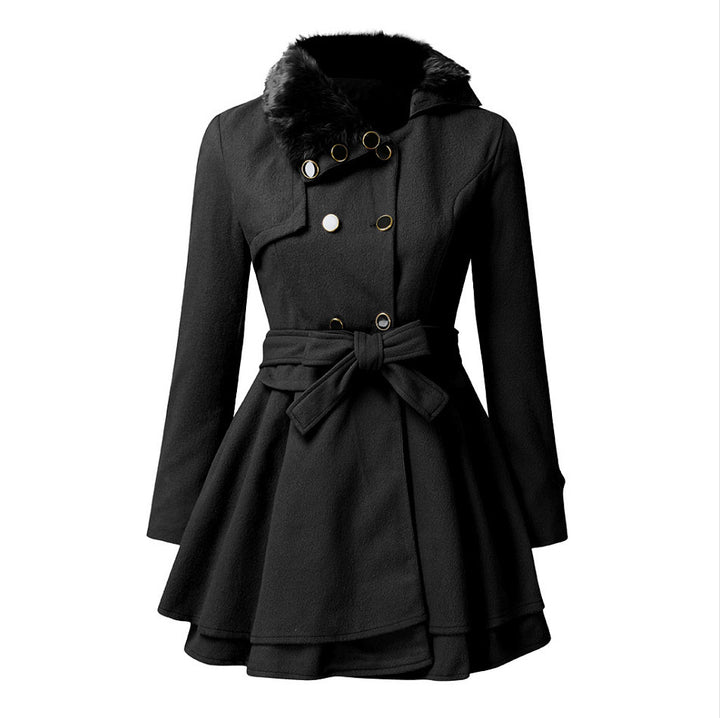 Morvena | Women's Double-Breasted Long Overcoat with Turn-Down Collar Belted Winter Coat