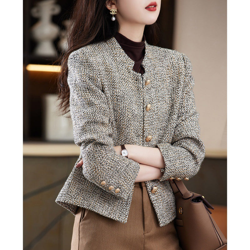 Frevian | Women's Vintage Tweed Slim-Fit Work Style Plaid Coat