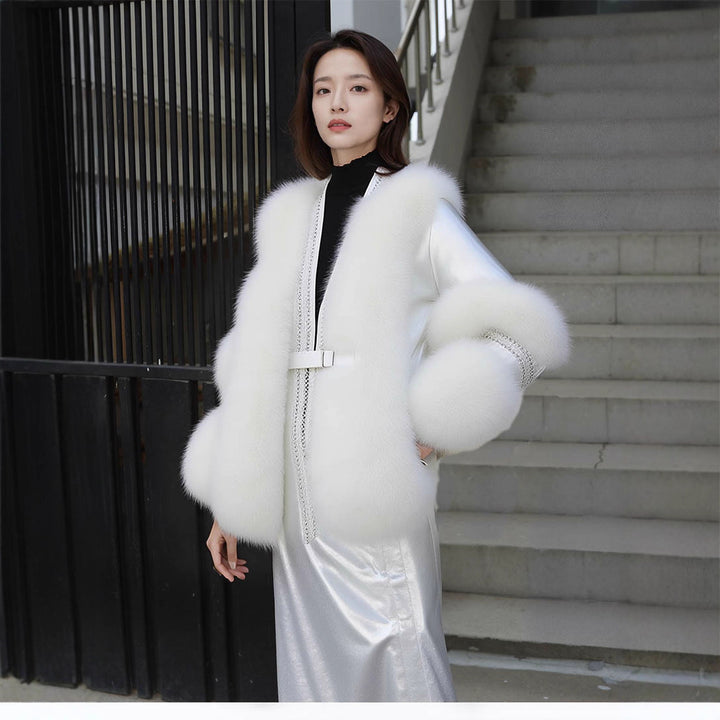 Luniva | Women's Stylish V-Neck Patchwork Coat | Elegant & Cozy