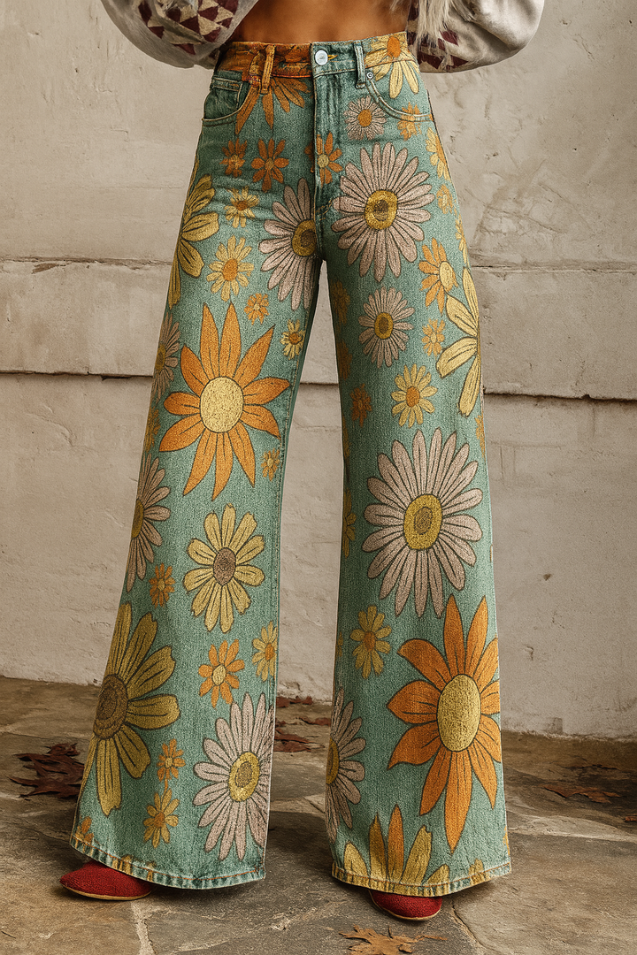 Tyronia | Women's Bright Daisy Denim Style Pants | Flared