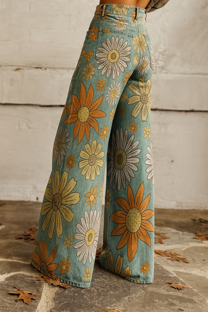 Tyronia | Women's Bright Daisy Denim Style Pants | Flared