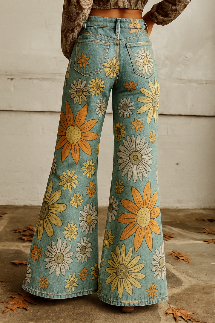 Tyronia | Women's Bright Daisy Denim Style Pants | Flared
