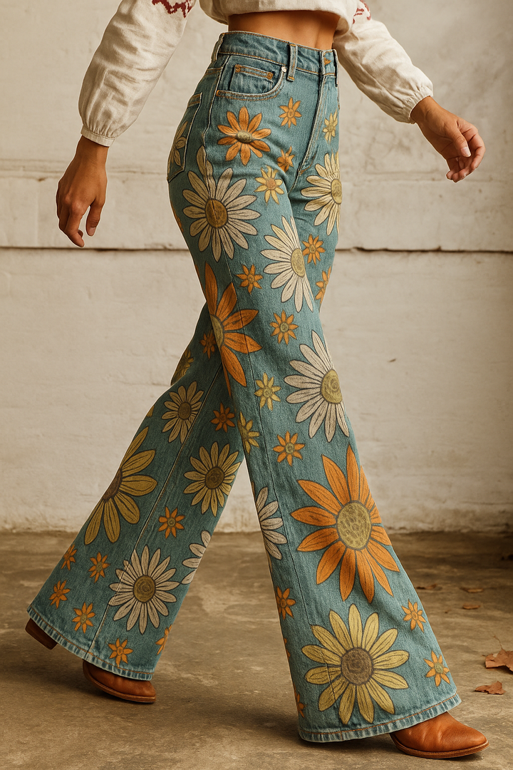 Tyronia | Women's Bright Daisy Denim Style Pants | Flared