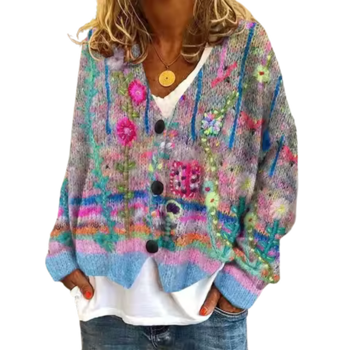 Loose Fit Knitted Cardigan with Abstract Print