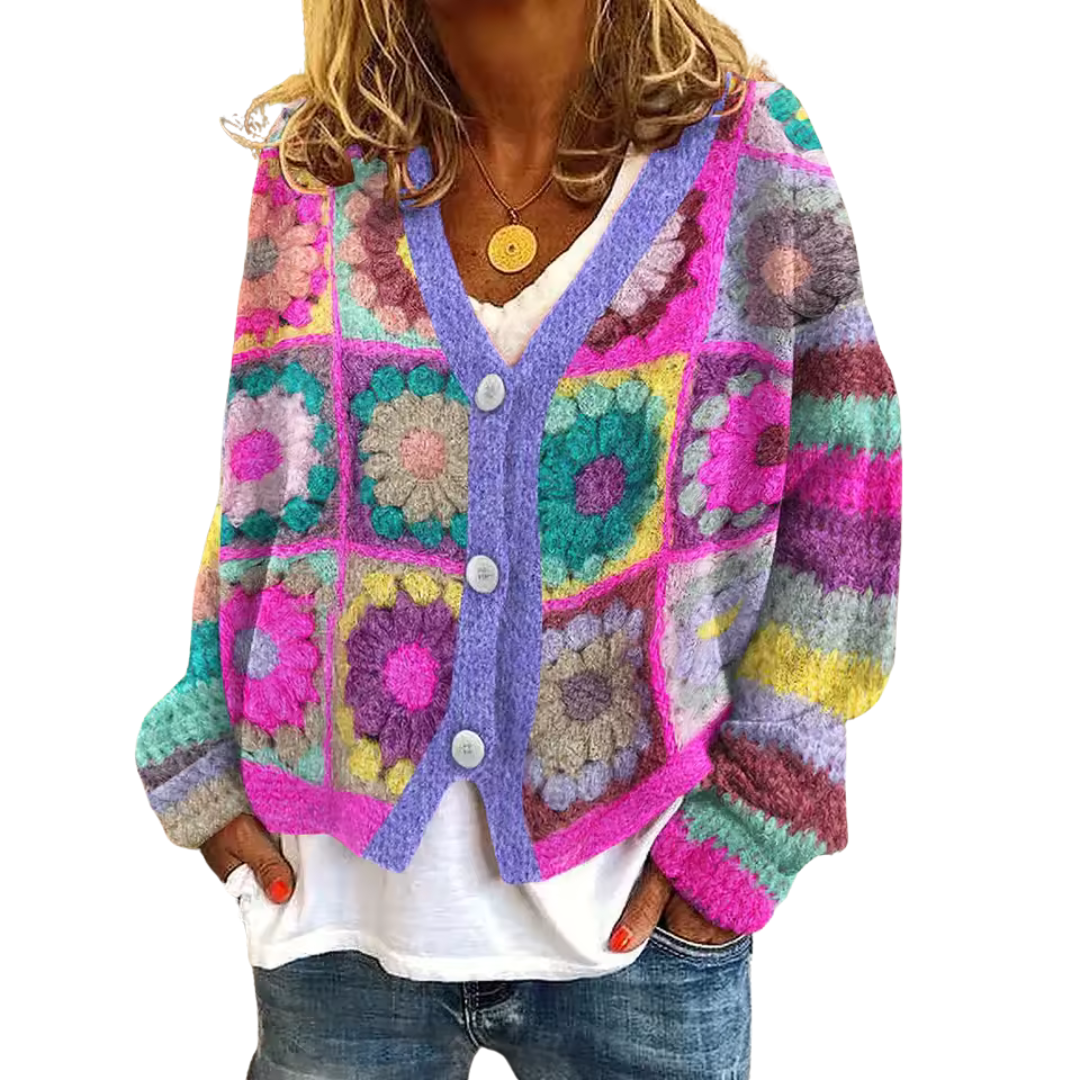 Loose Fit Knitted Cardigan with Abstract Print