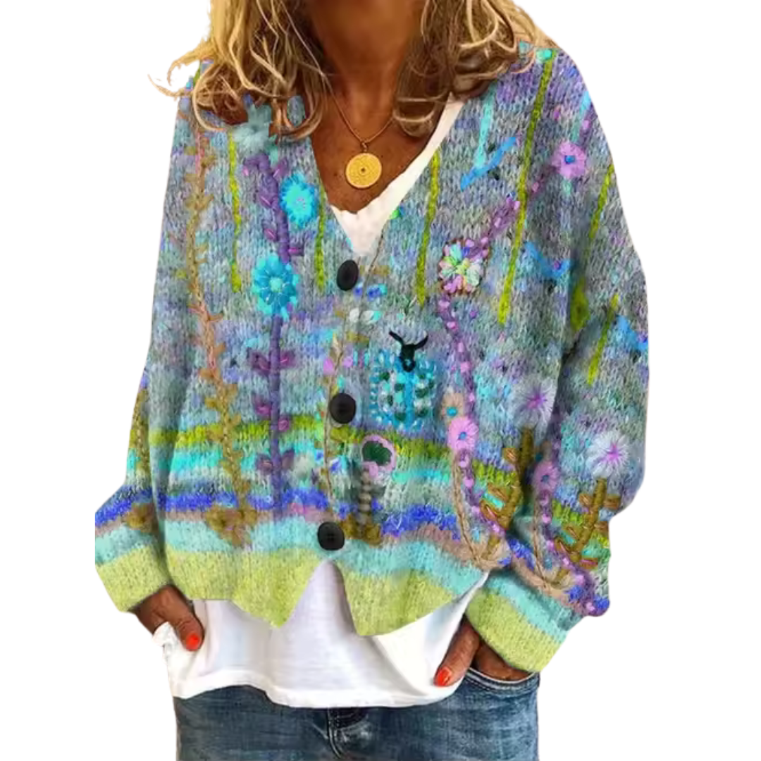 Loose Fit Knitted Cardigan with Abstract Print