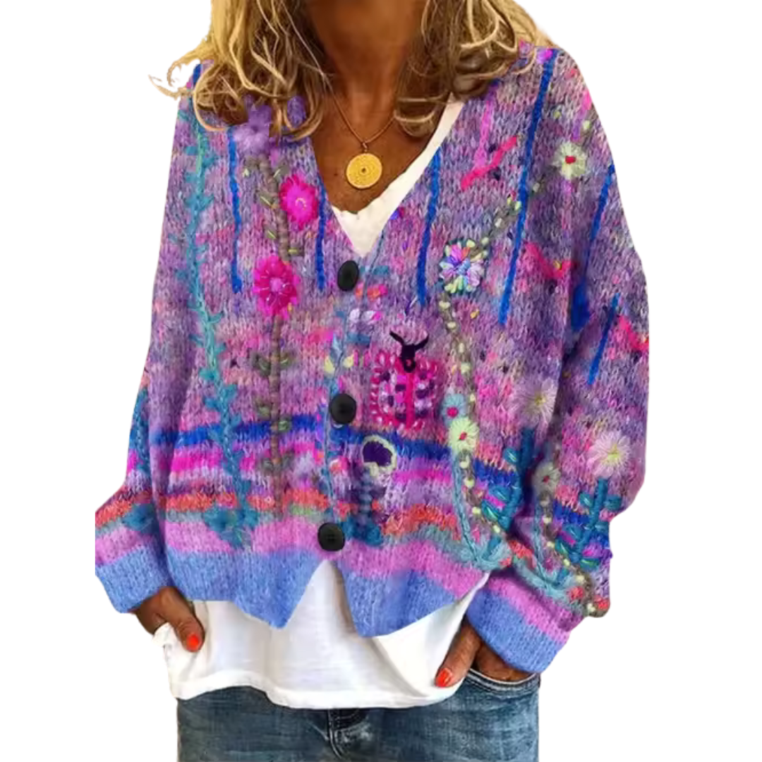 Loose Fit Knitted Cardigan with Abstract Print