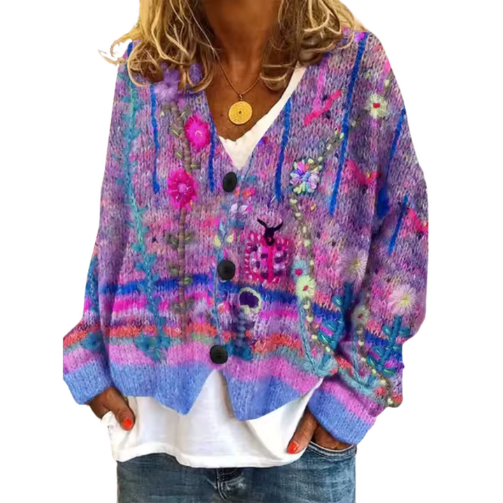 Loose Fit Knitted Cardigan with Abstract Print