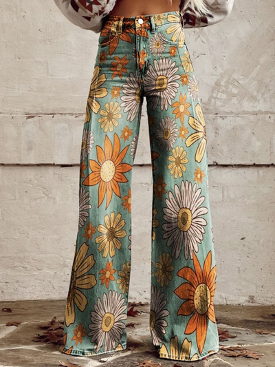 Tyronia | Women's Bright Daisy Denim Pants | Flared