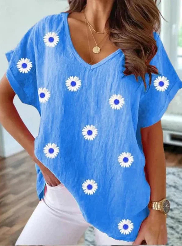 Casual V-Neck T-Shirt with 3D Floral Print