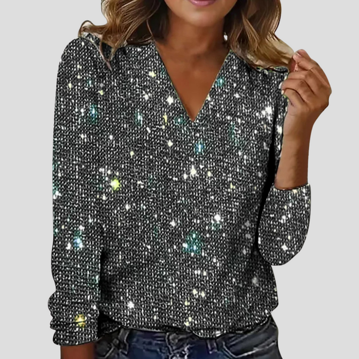 Elegant V Neck Glitter Blouse with Long Sleeves