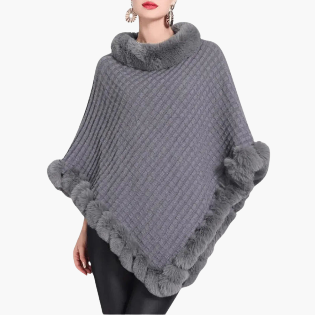 Women’s Knit Poncho with Faux Fur Trim and Oversized Fit