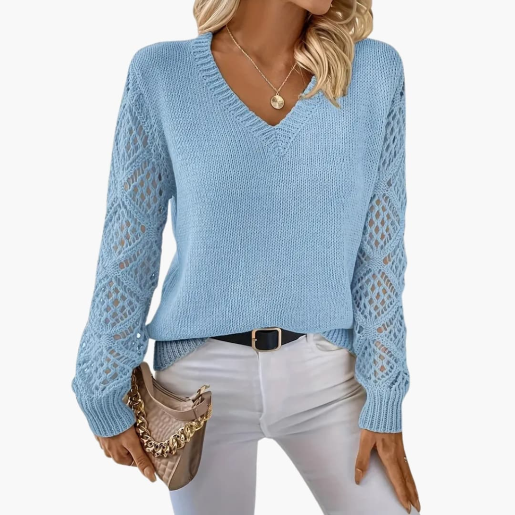 Women's Fine Knit Sweater with V-Neck and Long Sleeves