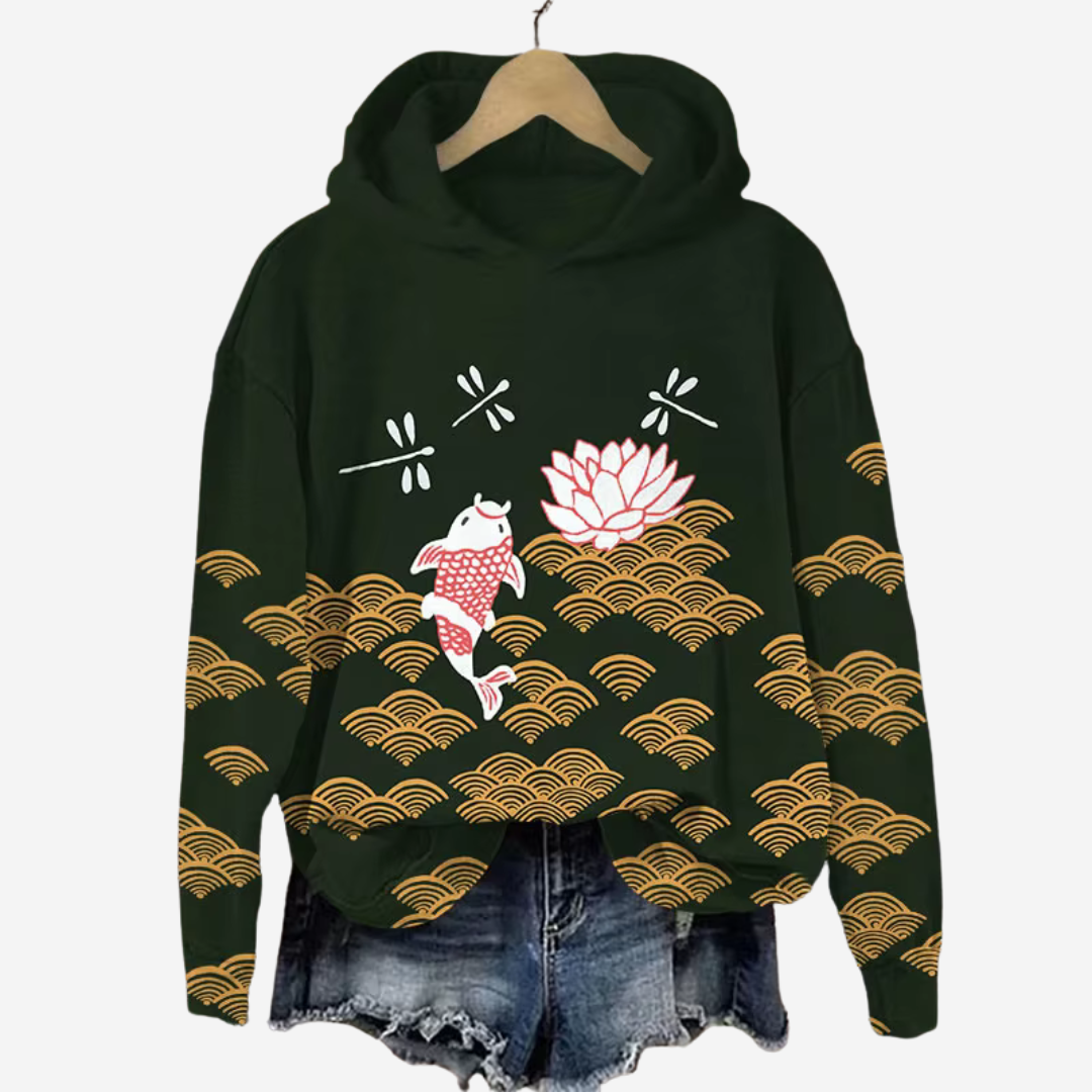 Casual Hoodie with Koi Art Print for Women