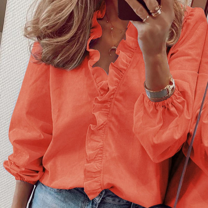 Teal Ruffle Trim Blouse with Puff Sleeves