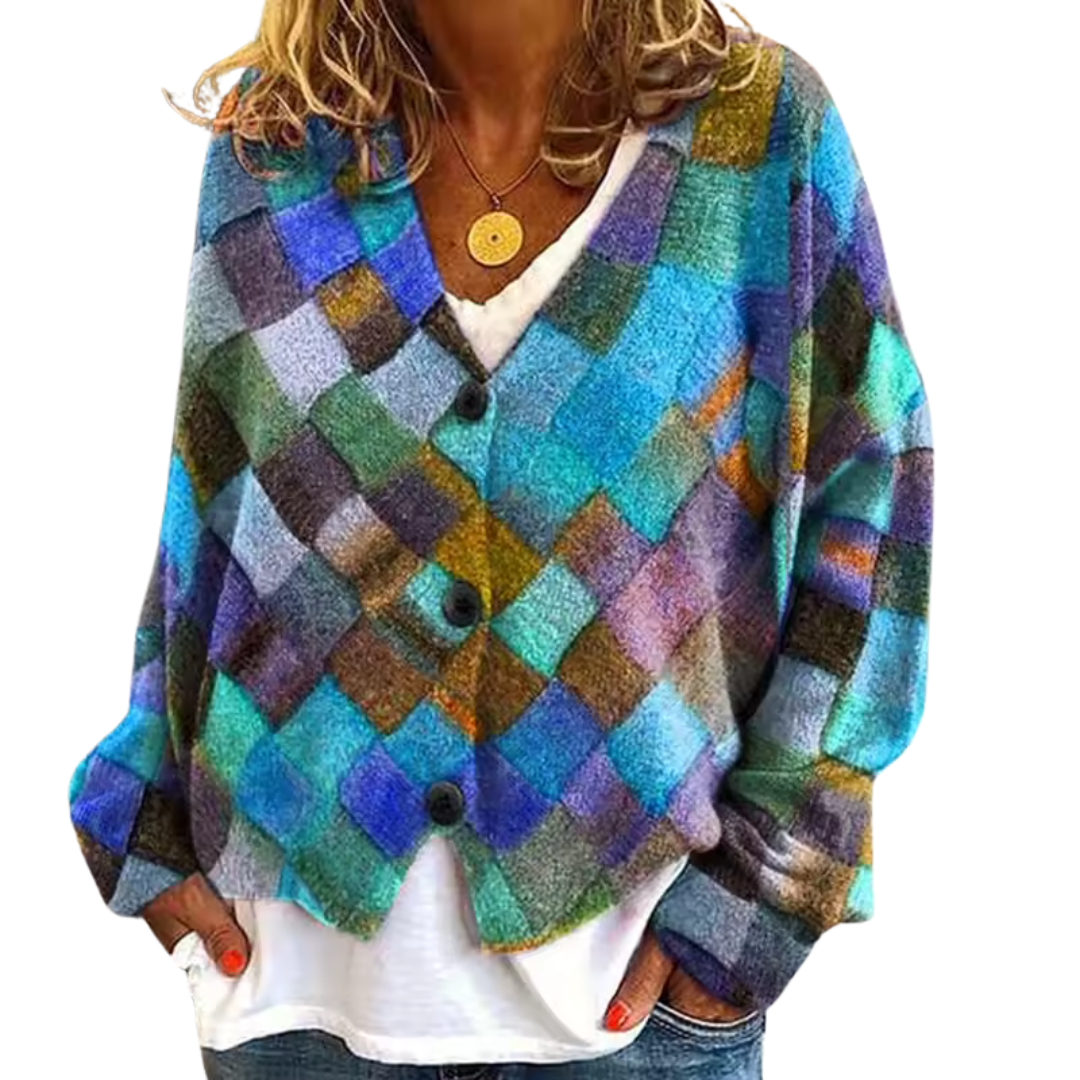 Loose Fit Knitted Cardigan with Abstract Print