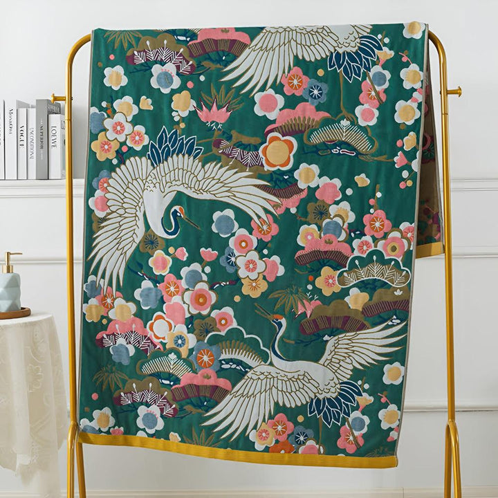 Lush Flower Cranes Bath Towel – Elegant Comfort with Artistic Flair