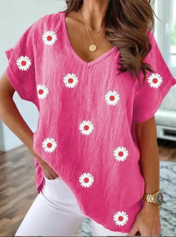 Casual V-Neck T-Shirt with 3D Floral Print