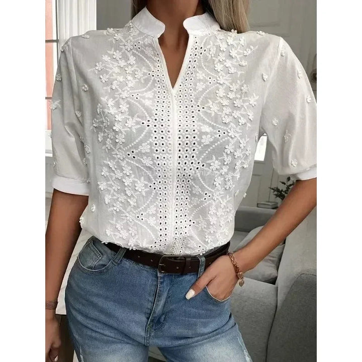 Summer White Blouse with Embroidery and V-Neck