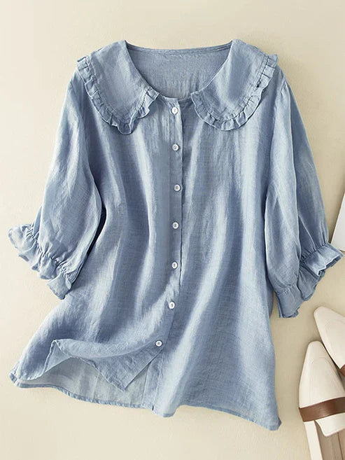 Women's Cotton Linen Loose Peter Pan Ruffle Neck Shirt