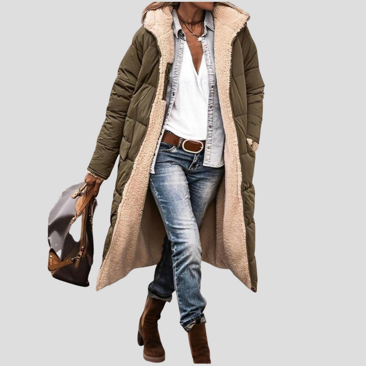 Women’s Long Reversible Winter Coat – Hooded with Teddy Lining