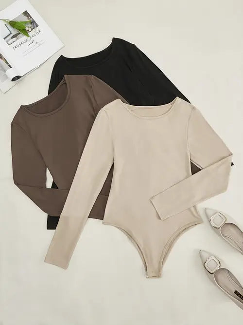 3-Pack Casual Long Sleeve Bodysuits for Women