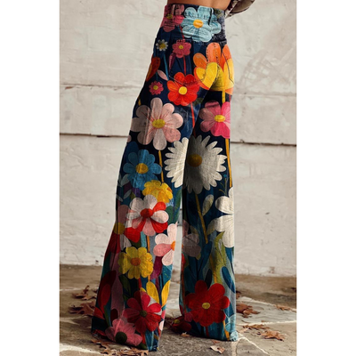 Susandra | Women's Printed Denim Pants | Bright Flowers