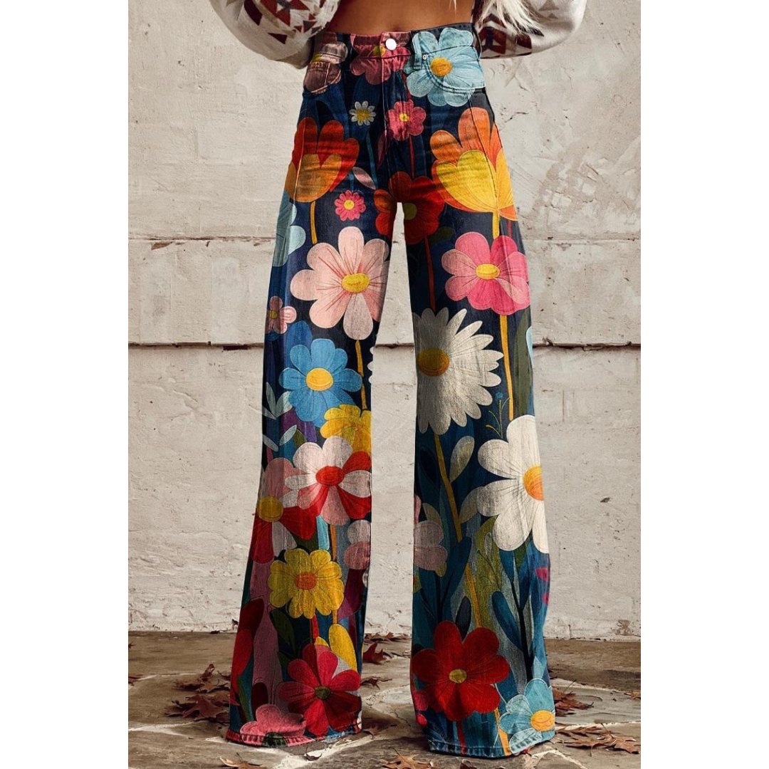 Susandra | Women's Printed Denim Pants | Bright Flowers