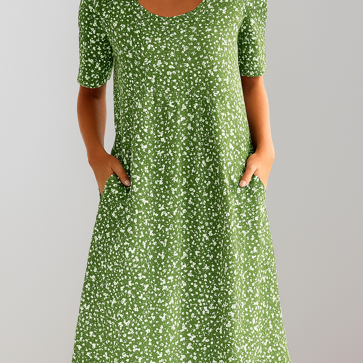 Floral High Waist Midi Dress with Pockets