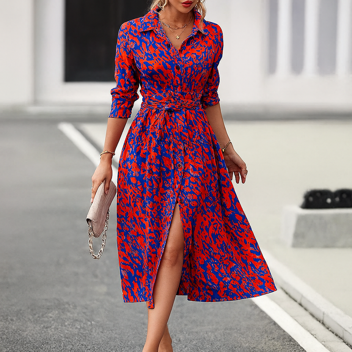 Printed A Line Shirt Dress with Slit