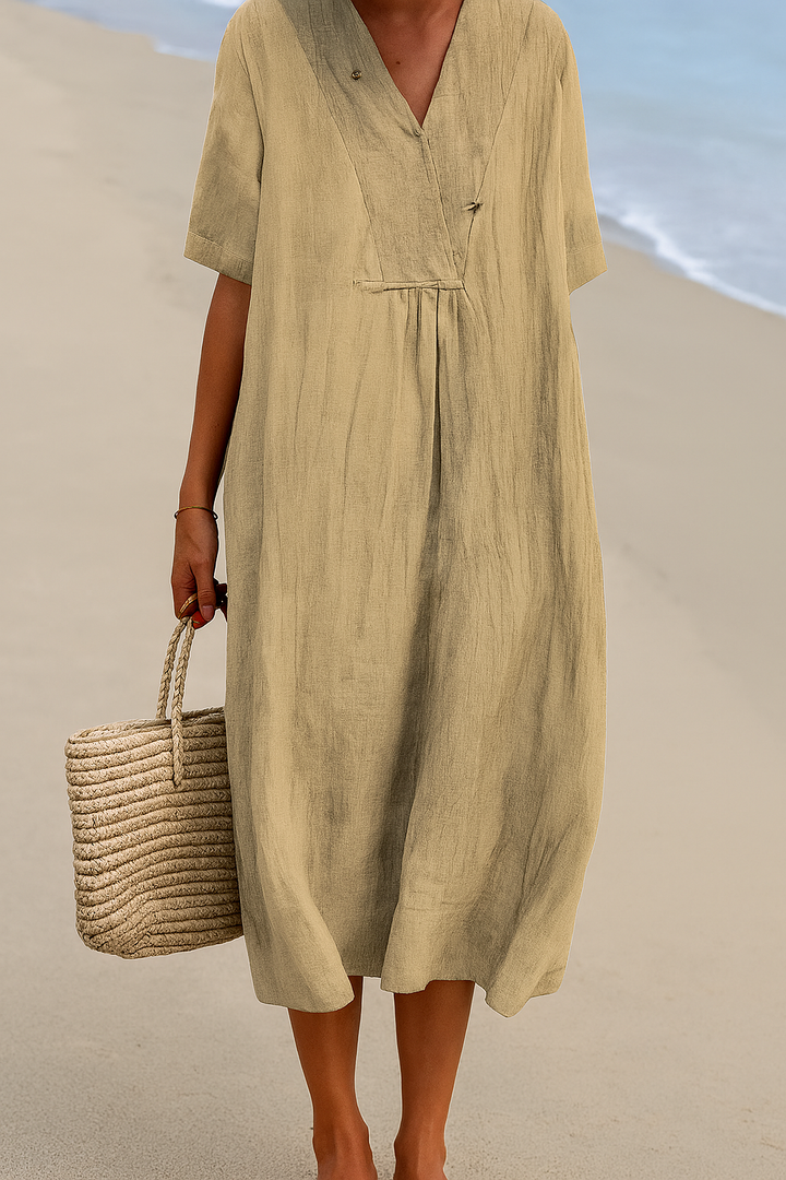Relaxed Beach Dress with V‑Neck and  Short Sleeves