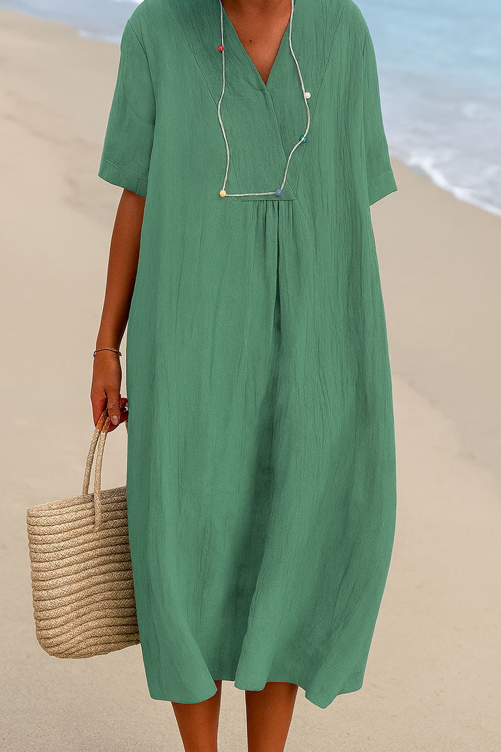 Relaxed Beach Dress with V‑Neck and  Short Sleeves
