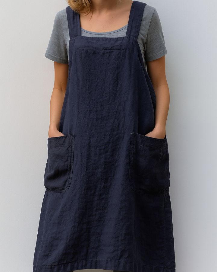 Women’s Cotton Linen Apron Style Dress with Pockets