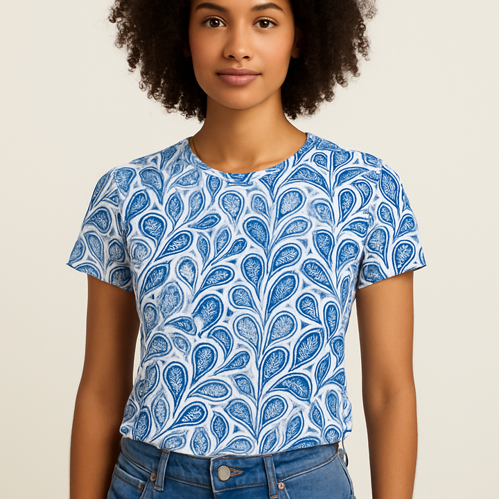 Women's Blue Print T-Shirt Round Neck & Short Sleeves