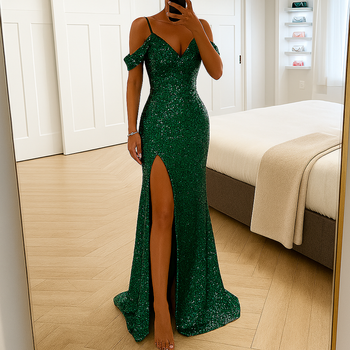 Elegant Sequin Off Shoulder Maxi Dress