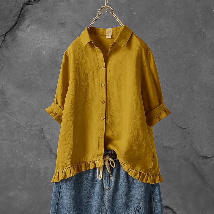 Button Down Cotton Blouse with Ruffled Hem