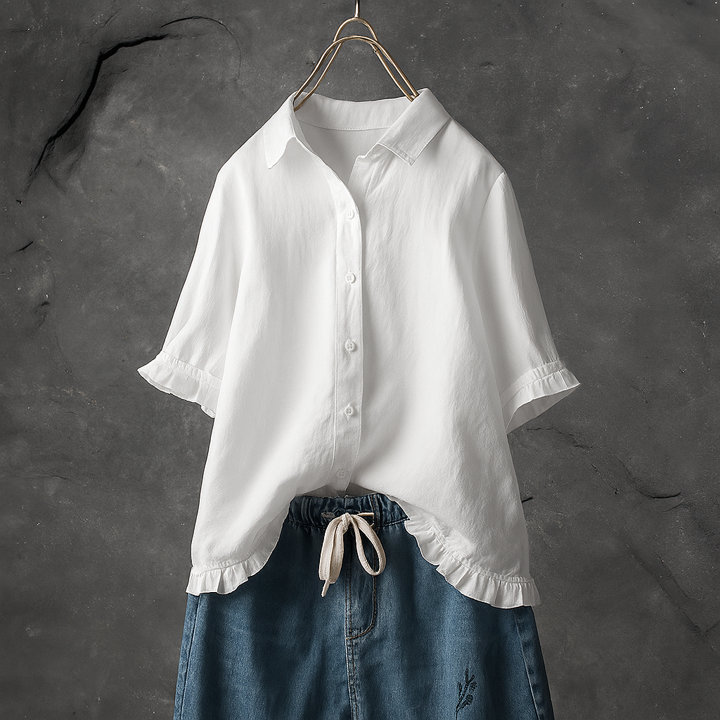 Button Down Cotton Blouse with Ruffled Hem