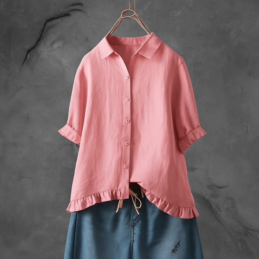 Button Down Cotton Blouse with Ruffled Hem