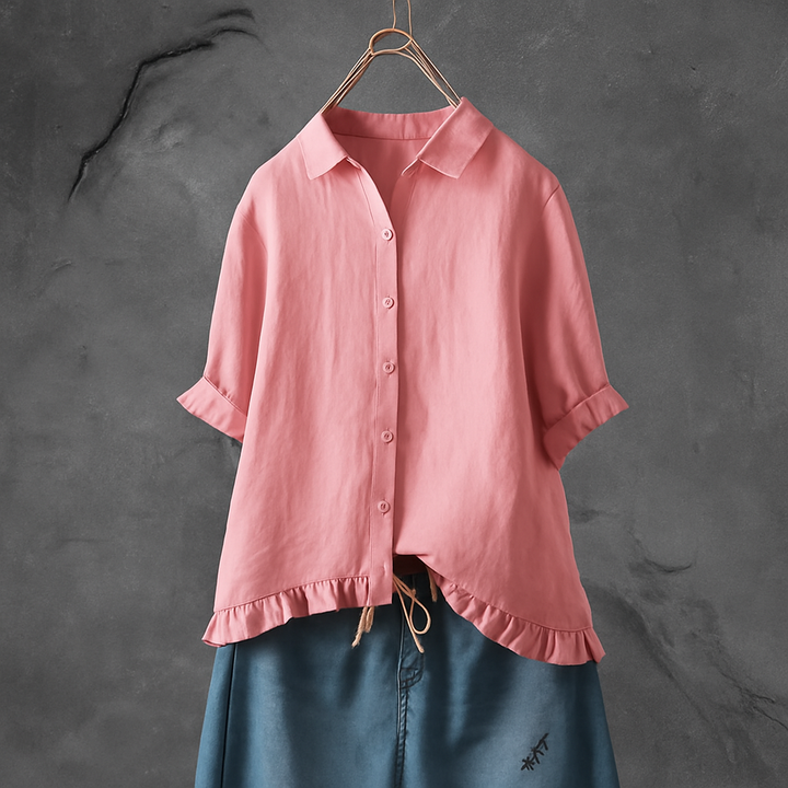 Button Down Cotton Blouse with Ruffled Hem