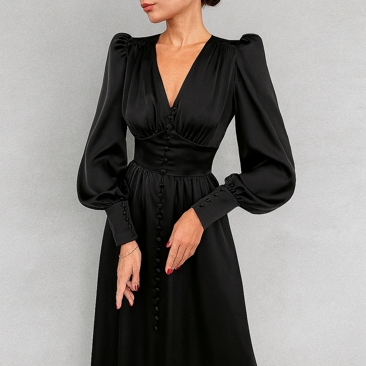 Silky Puff Sleeve V-Neck Midi Dress