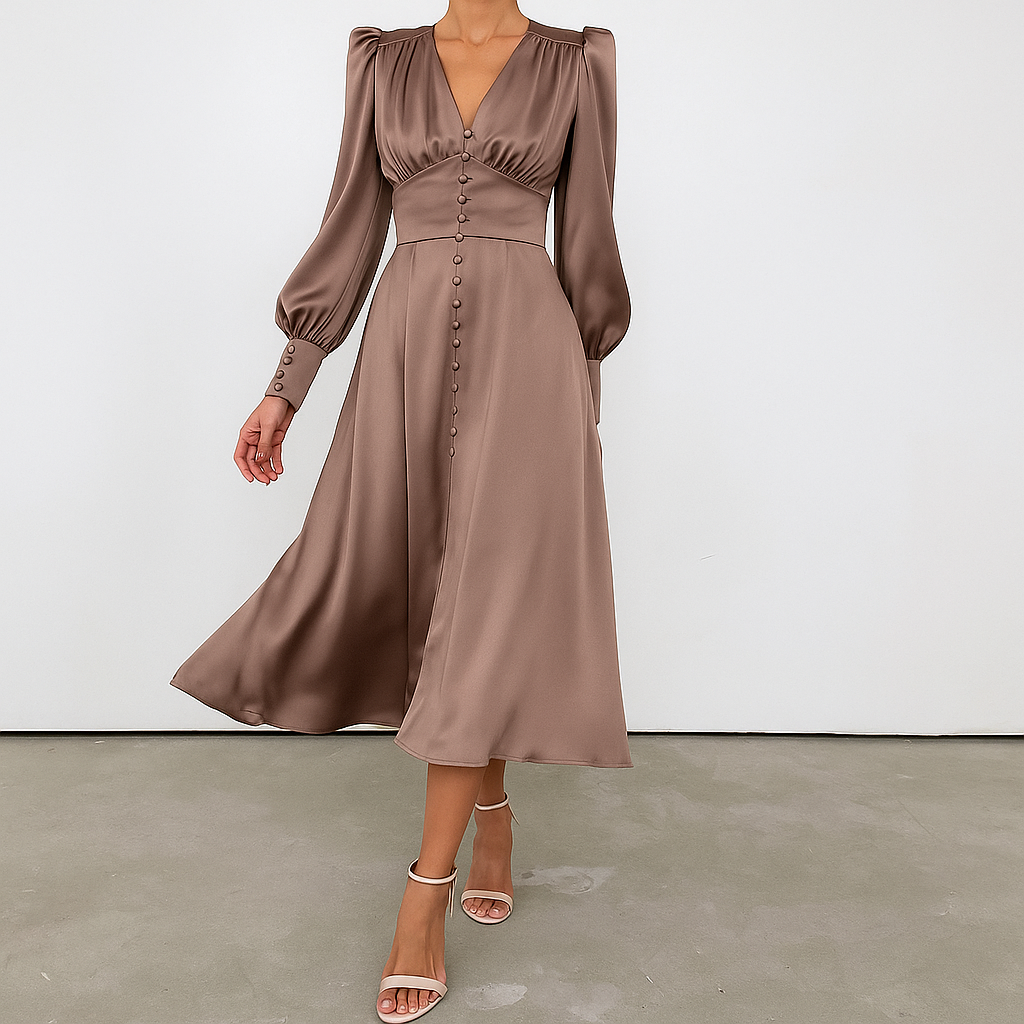 Silky Puff Sleeve V-Neck Midi Dress