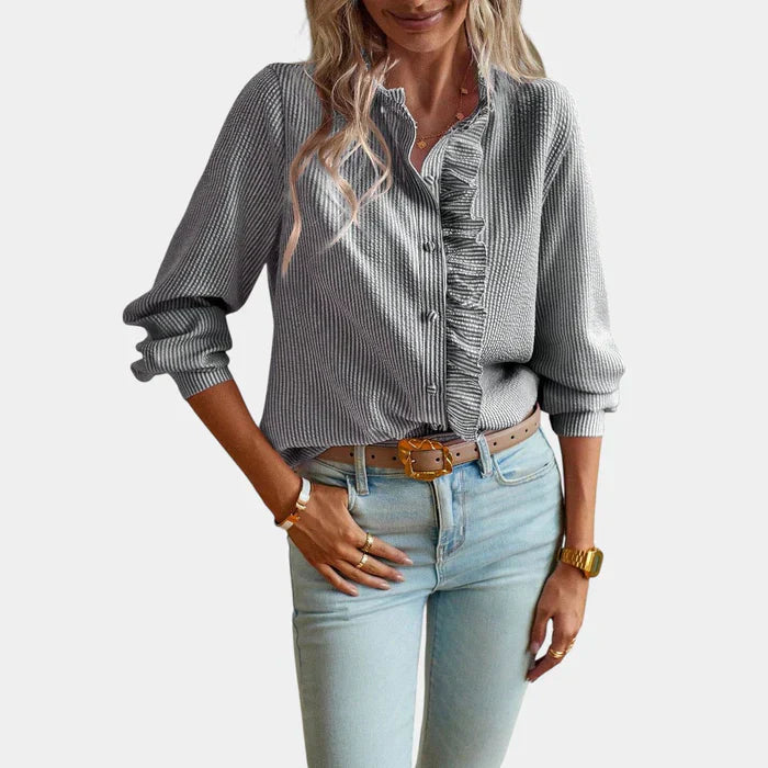 Striped Women's Blouse with Ruffles and Elegant Button Closure