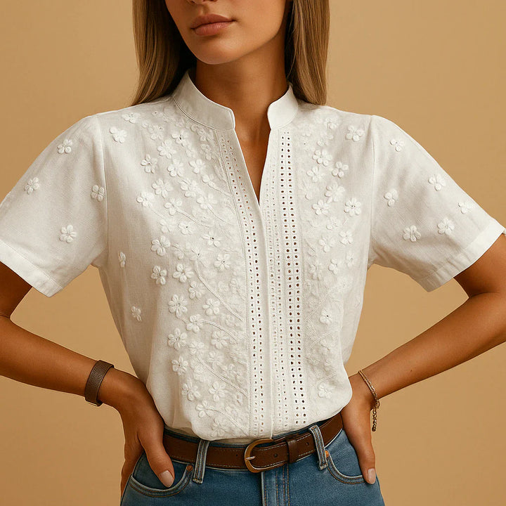 Embroidered White Blouse with Stand Collar