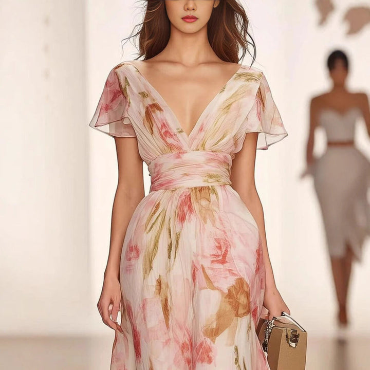 Flutter Sleeve Fit and Flare Maxi Dress