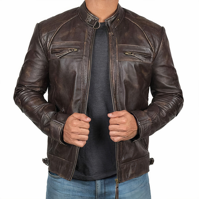 Men's Rugged Motorcycle Jacket with Zipper Pockets