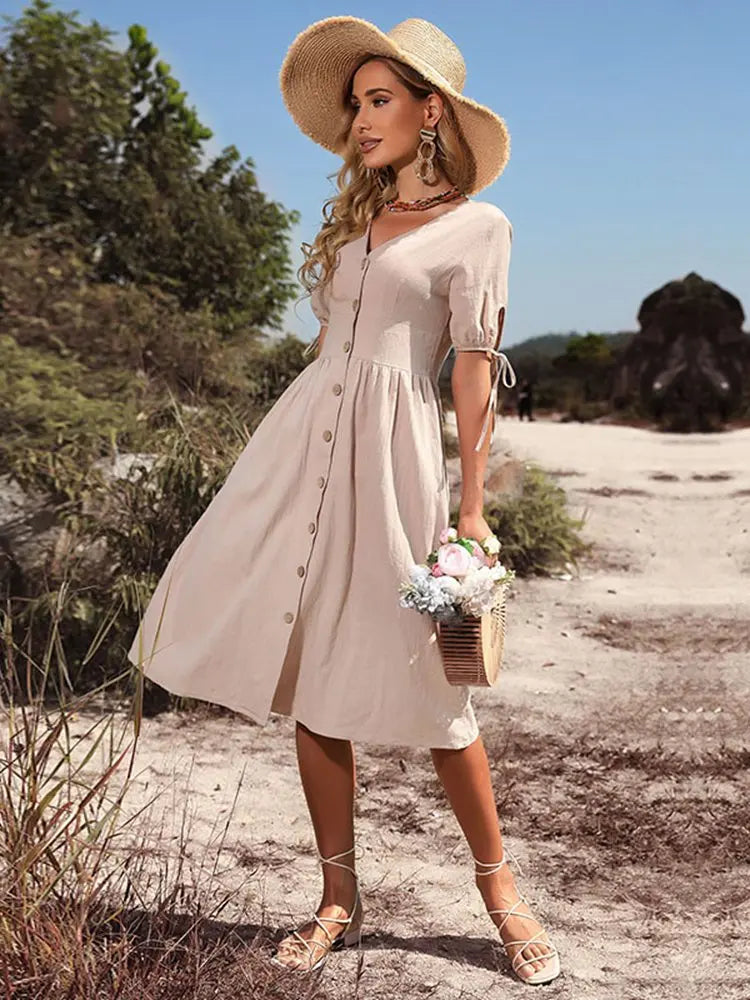 V-Neck Cotton Spring/Summer Dress with Effortless Elegance