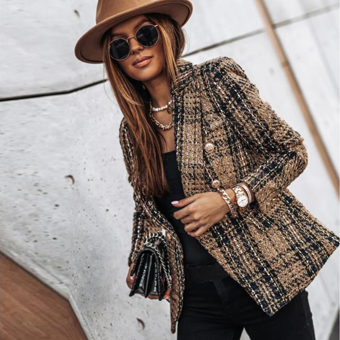 Elegant Patterned Women's Blazer with Gold Buttons